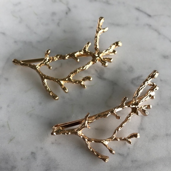 2 Gold Metal Natural Branch Barrettes - One Pair - Picture 5 of 6